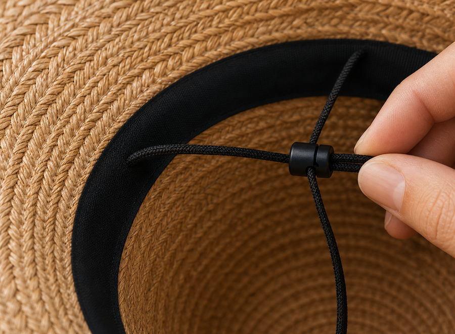 Adjustable black chin cord and toggle inside the woven sun hat