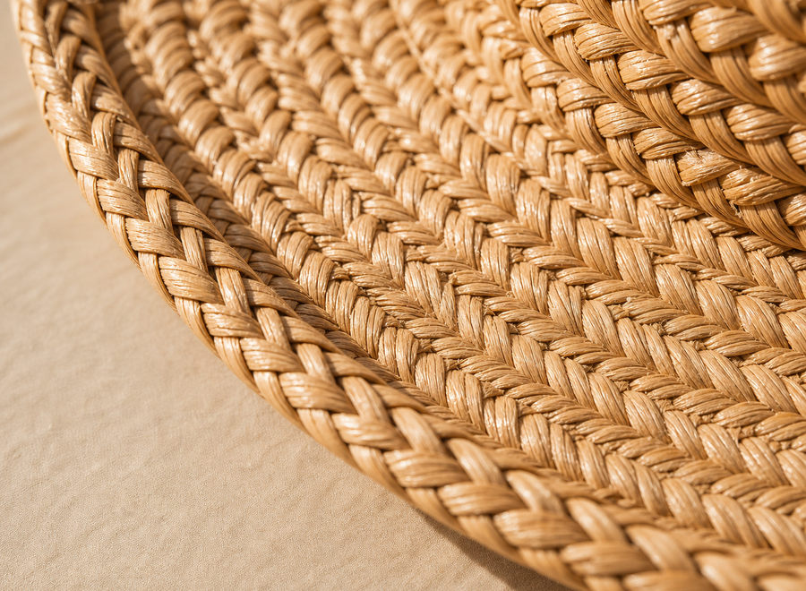 Close-up of handwoven raffia straw brim texture